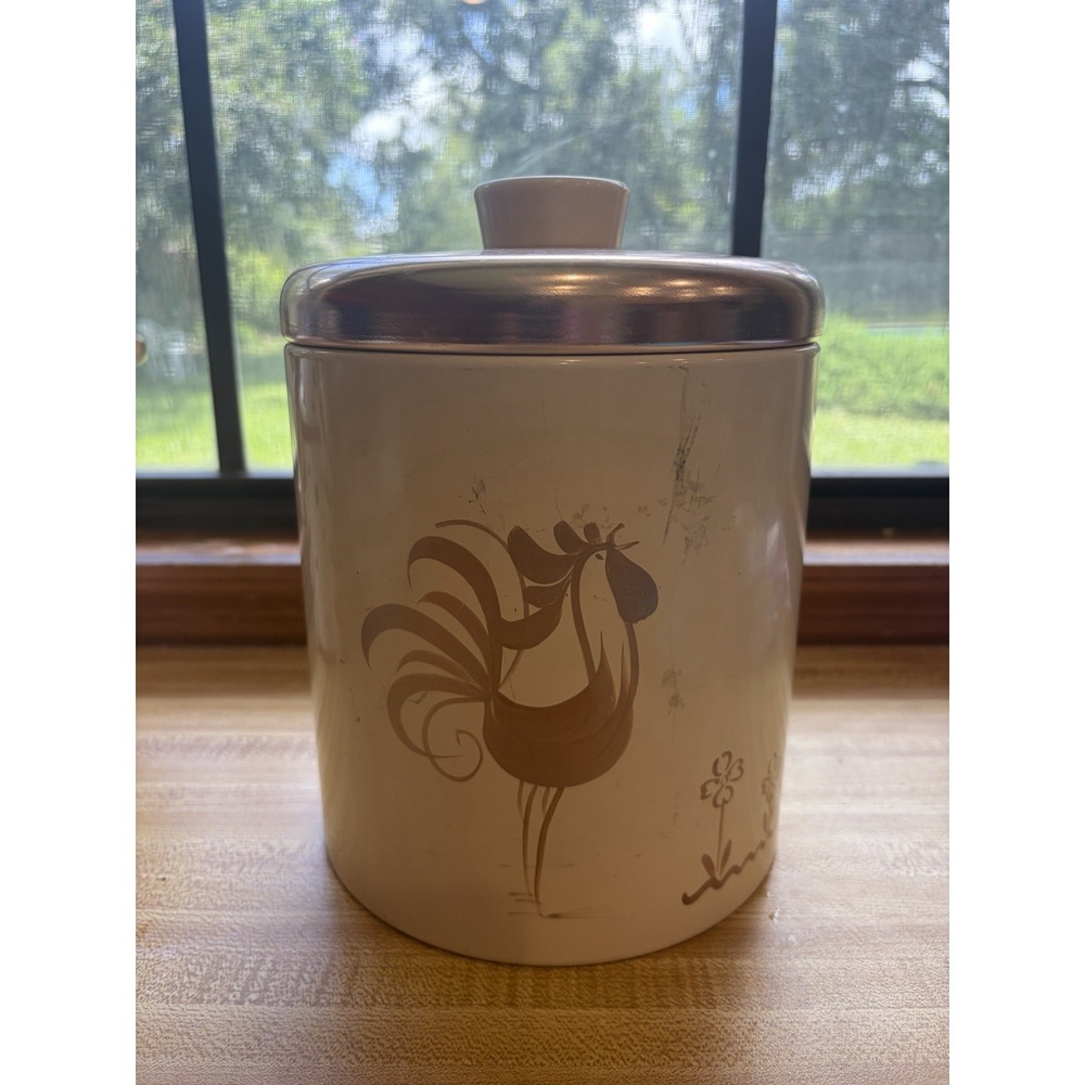 VTG Ransburg Rooster Kitchen Canister Metal Tin MCM Retro Farmhouse Aluminum Lid